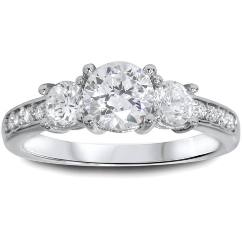 1 1/4ct Three Stone Round Diamond Engagement Ring 14K White Gold