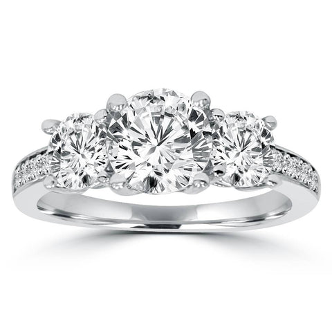 2ct Three-Stone Round Diamond Engagement Ring Solid 14K White Gold