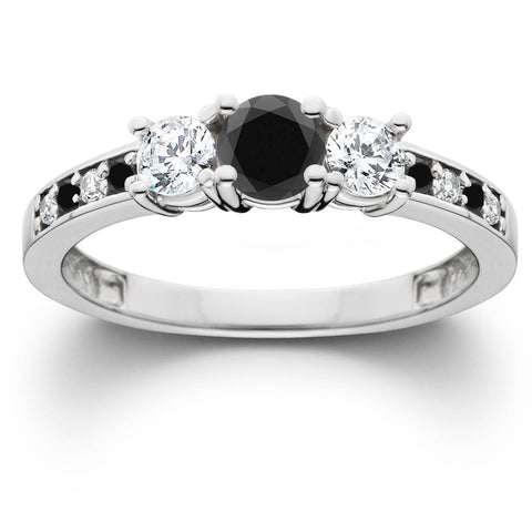 1 1/4 Ct Heat Treated Black Diamond Engagement 3 Stone Ring 10K White Gold