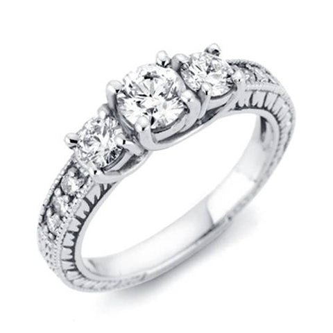 1ct Vintage Three Stone Round Diamond Engagement Ring 14K White Gold
