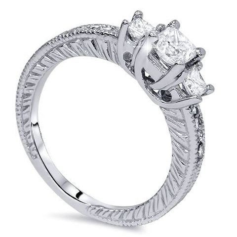 1 1/2ct Vintage Three Stone Princess Cut Diamond Engagement Ring 14K White Gold