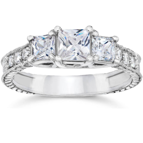3/4ct Vintage Three Stone Princess Cut Diamond Engagement Ring 14K White Gold