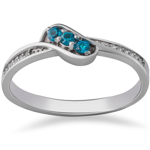1/6CT TDW Treated Blue & White Diamond 3-Stone Promise Ring 14k White Gold