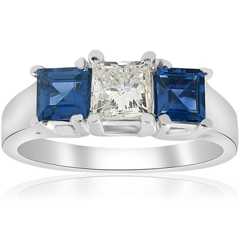 1 1/2ct Princess Cut Diamond Blue Sapphire Engagement Ring White Gold Enhanced