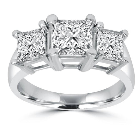2ct 3 Stone Princess Cut Real Diamond Engagement Ring 14K White Gold
