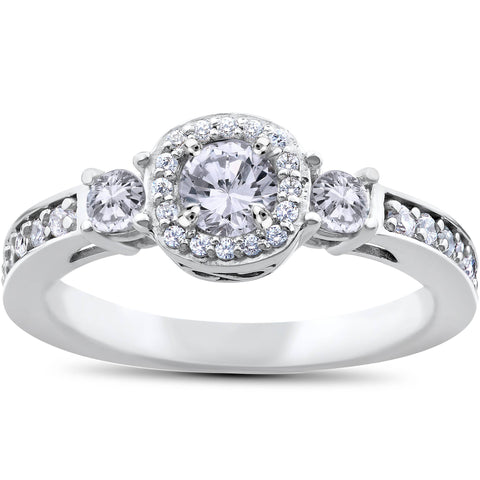 1 1/4ct Diamond Cushion Halo 3-Stone Engagement Vintage Ring 14K White Gold