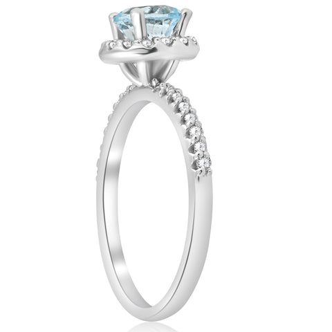 1ct  Treated Blue Topaz & Diamond Round Halo Engagement Ring 14K White Gold
