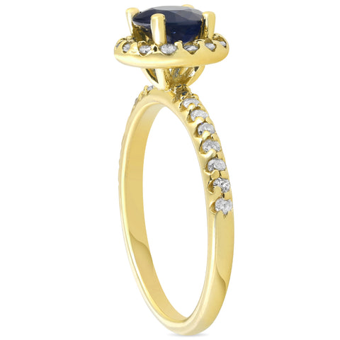 1ct Blue Sapphire & Diamond Halo Engagement Ring 14K Yellow Gold