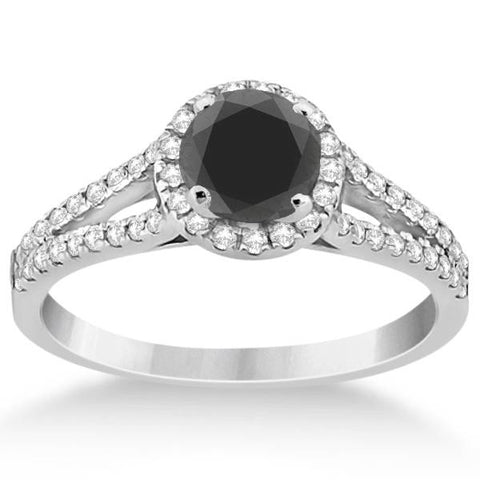 1ct Treated Black Diamond Halo Split Shank Engagement Ring 14K White Gold