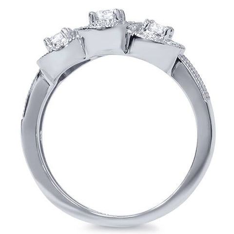 3/4Ct 3-Stone Vintage Diamond Engagement Antique Style Halo Ring 14K White Gold