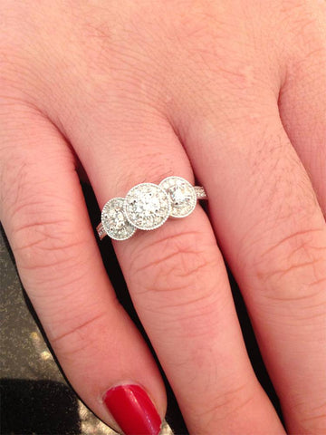 3/4Ct 3-Stone Vintage Diamond Engagement Antique Style Halo Ring 14K White Gold