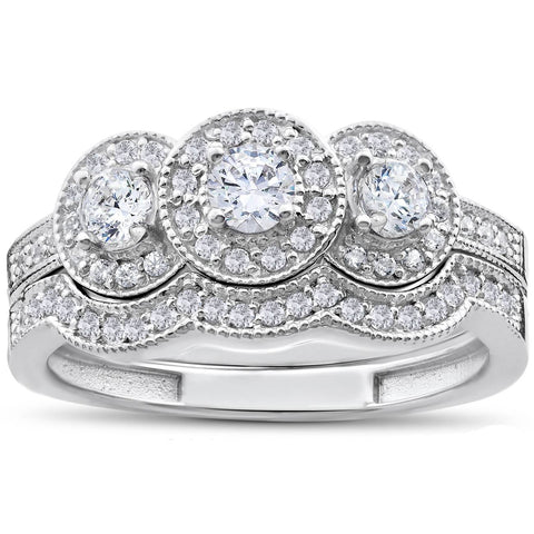 1ct 3-Stone Diamond Engagement Halo Matching Wedding Ring Set 10K White Gold