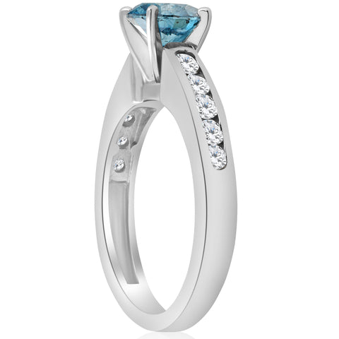 1 1/2 ct Blue Diamond Solitaire Engagement Ring White Gold Channel Set Treated