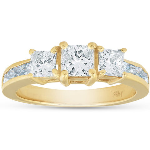 2ct Princess Cut Diamond Three Stone Engament Annivesary Ring 14K Yellow Gold