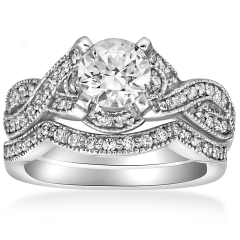 1 1/2ct Infinity Vintage Diamond Engagement ]Ring Set 14K White Gold Enhanced