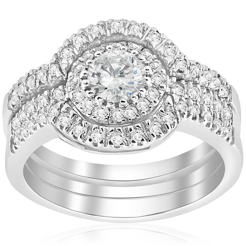 2 ct Round Enhanced Diamond Engagement Halo Wedding Ring Trio Set 14K White Gold