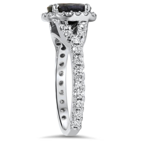 2 ct Black Sapphire & Diamond Cushion Halo Engagement Ring 14K White Gold