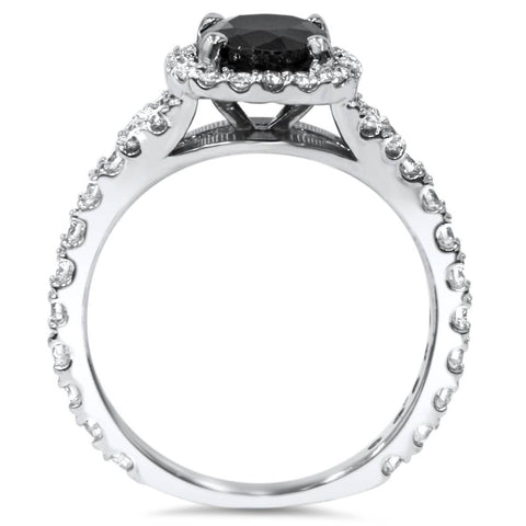 2 ct Black Sapphire & Diamond Cushion Halo Engagement Ring 14K White Gold