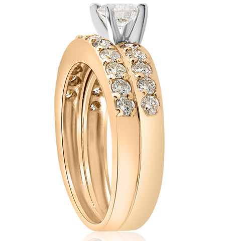 14k Yellow Gold 1 Carat Diamond Engagement Ring Matching Wedding Band Set