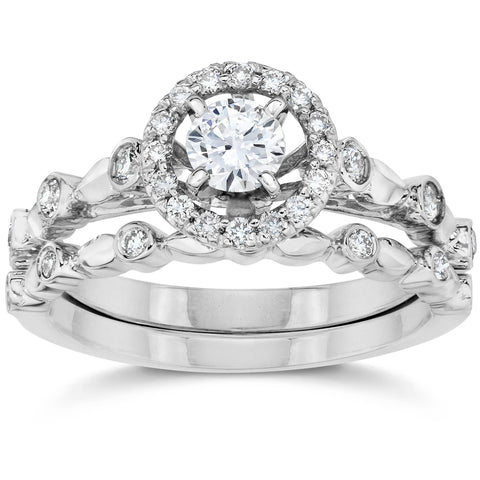 1/2Ct Halo Diamond Engagement Wedding Ring Set 14K White Gold