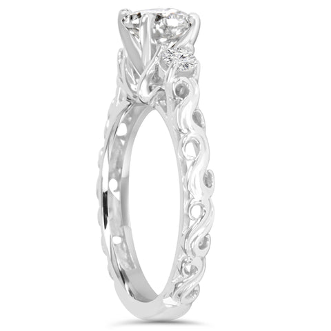 1 1/3Ct Vintage 3-Stone (1Ct Center) Enhanced Diamond Engagement Ring White Gold