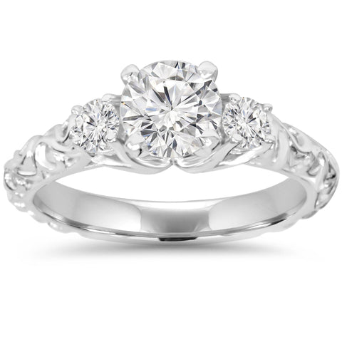 1 1/3Ct Vintage 3-Stone (1Ct Center) Enhanced Diamond Engagement Ring White Gold