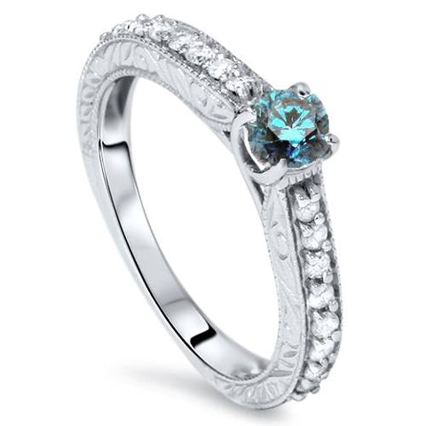 3/4ct Treated Blue & White Diamond Vintage Engagement Ring 14K White Gold