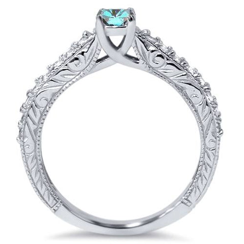 3/4ct Treated Blue & White Diamond Vintage Engagement Ring 14K White Gold