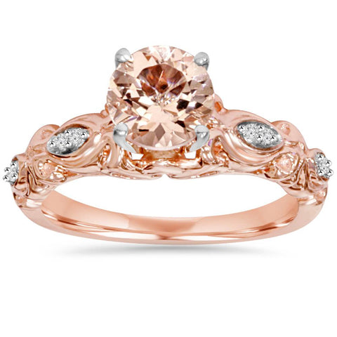 1 Ct Morganite & Genuine Diamond Vintage Engagement Ring 14K Rose Gold