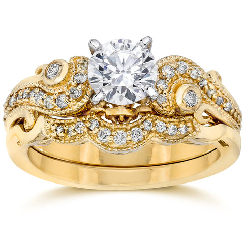 3/4 ct Vintage Diamond Engagement Wedding Ring Matching Band Set 14K Yellow Gold