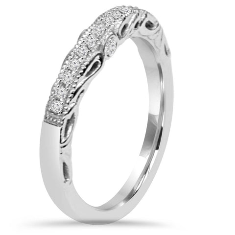 1/5Ct Vintage Diamond Curved Notched Guard Wedding Ring 14K White Gold