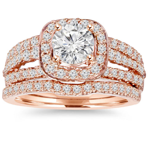 1.50Ct Cushion Halo Diamond Engagement Ring Set 14K Rose Gold
