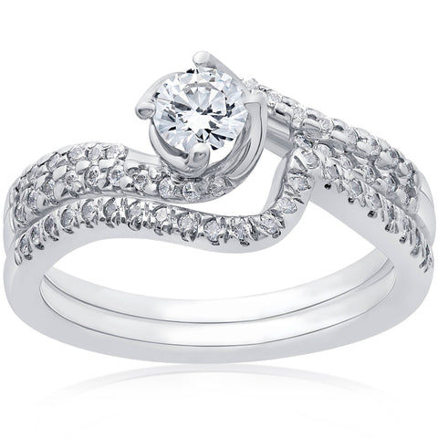Diamond Engagement Ring Set 1 ct Matching Wedding Band Solitaire Round 14k Gold
