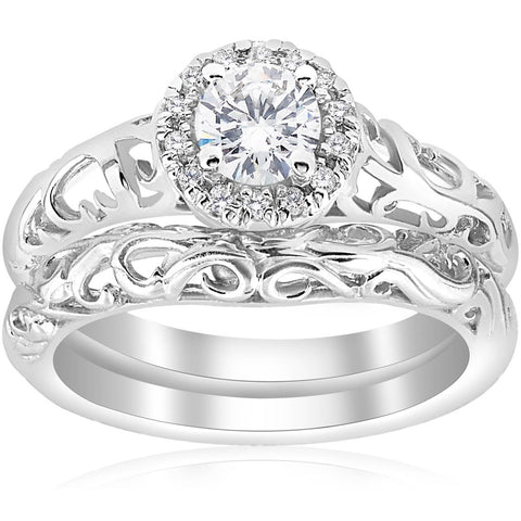5/8cttw Halo Diamond Vintage Engagement Wedding Ring Set 14k White Gold Filigree