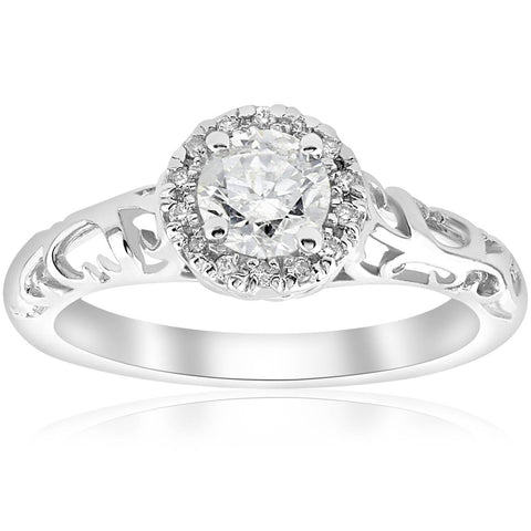 5/8ct Vintage Diamond Halo Filigree Engagement Filigree Deco Ring 14K White Gold