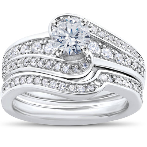 1 ct Diamond Round Solitaire Engagement Ring Wedding Band Set 14k White Gold Set
