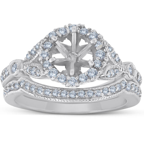 Vintage Halo Diamond Engagement Ring Setting 1/2ct Mount Matching Wedding Band