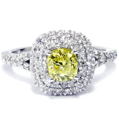 1 1/2 Ct Canary Cushion Enhanced Diamond Double Halo Engagement Ring White Gold