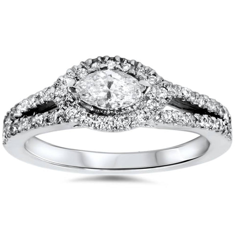 1ct Marquise Diamond Halo Split Shank Engagement Ring White Gold