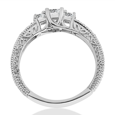 Princess Cut 3/4ct Vintage Diamond 3 Stone Engagement Ring 14K White Gold