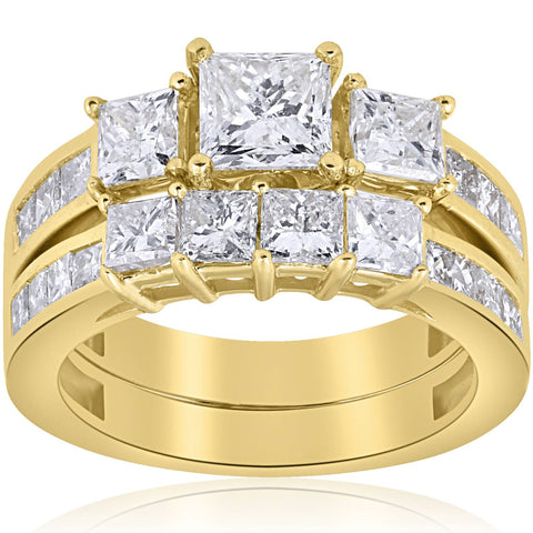 3 1/2ct Side Stone Diamond Engagement Matching Wedding Ring Set 14K Yellow Gold