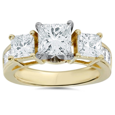 2 carat Princess Cut Enhanced Diamond 3 stone Engagement Ring 14K Yellow Gold