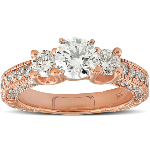 2ct Three Stone Vintage Diamond Engagement Ring 14k Rose Gold Enhanced