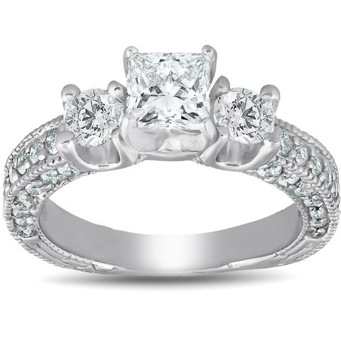 2 1/4ct Princess Cut 3 Stone Enhanced Diamond Vintage Engagement Ring 14K