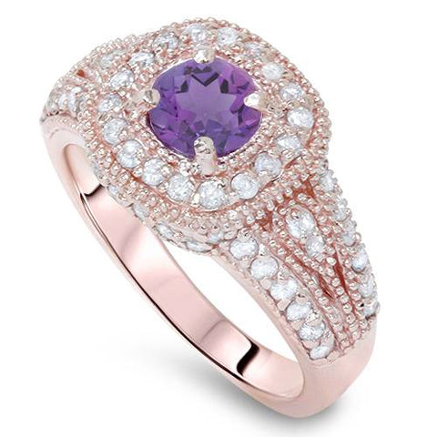 1 1/3ctW Diamond & Amethyst Vintage Filigree Pave Halo Ring 14K Pink Rose Gold