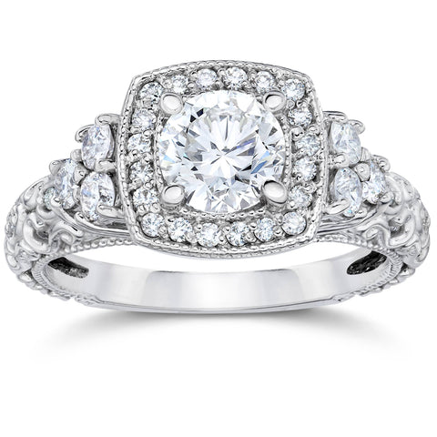 1Ct Cushion Halo Round Diamond Vintage Engagement Ring 14K White Gold