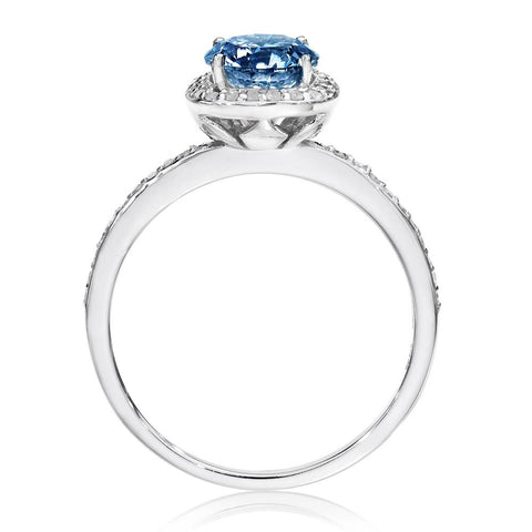 1 1/6ct Blue Diamond Cushion Halo Engagement Ring 14K White Gold