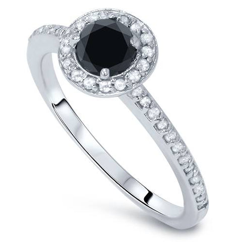 5/8ct Treated Black & White Diamond Halo Engagmeny Ring Solid 14K White Gold