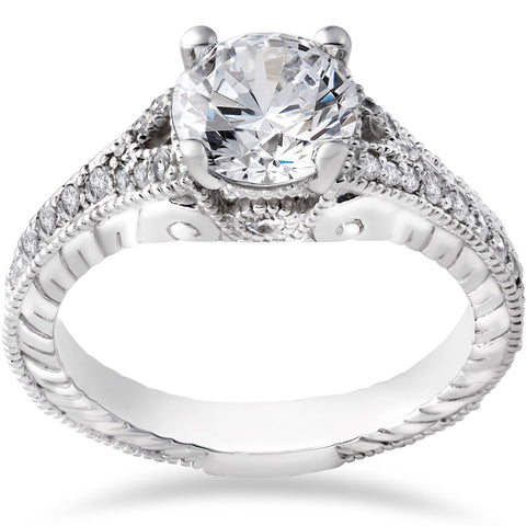 1 1/4ct Vintage Diamond Engagement Ring 1ct center Ring 14K White Gold Enhanced