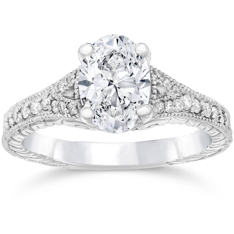 1 1/4ct Oval Diamond Vintage Engagement Ring Solitaire Antique 14K White Gold